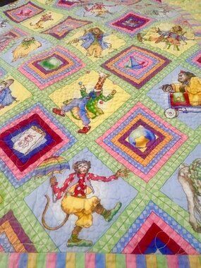 Vintage Circus Baby Quilt Blanket Handmade Colorful Animal Monkey Lion Giraffe
